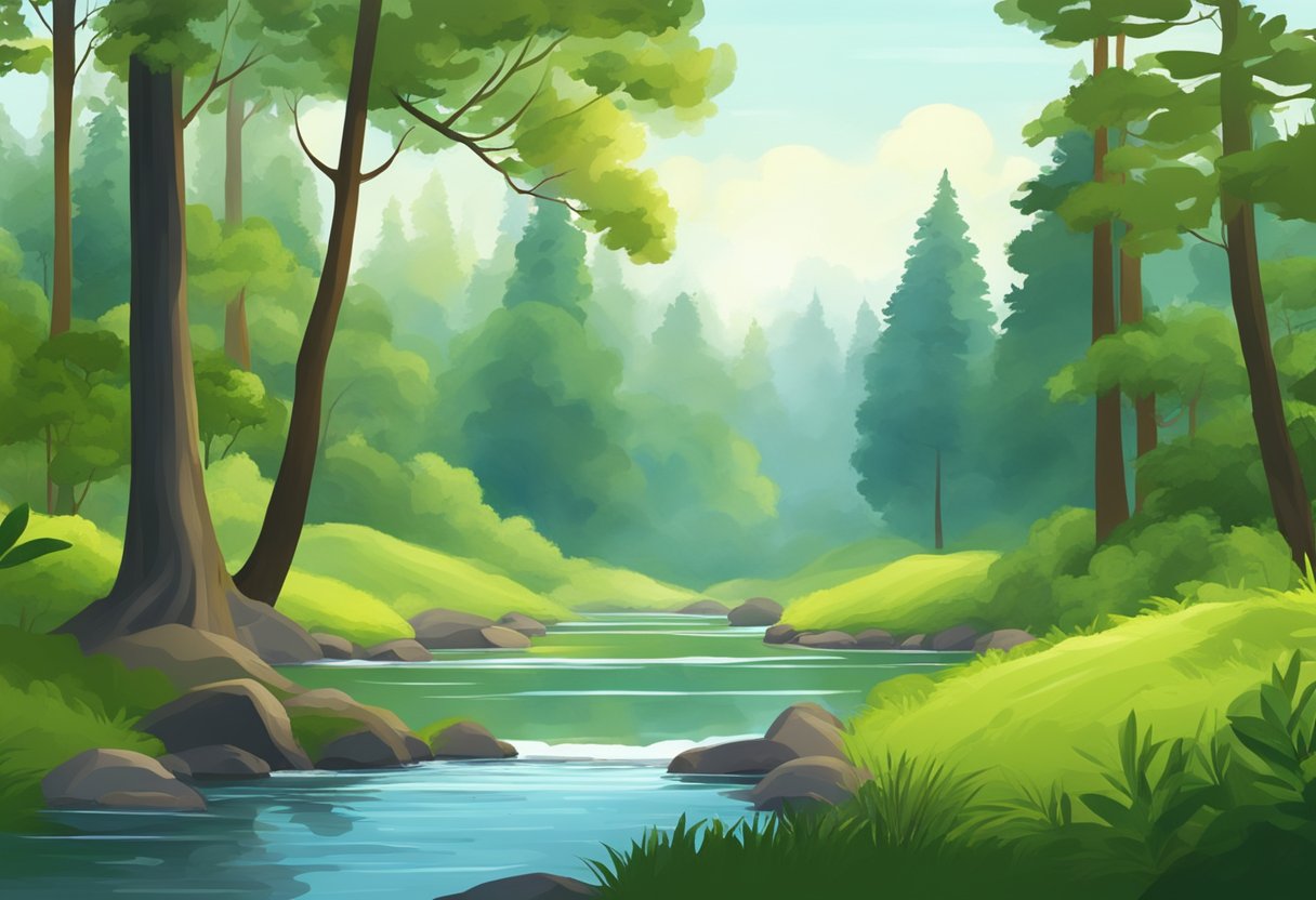 A serene forest setting with a clear stream, surrounded by tall trees and lush greenery. A sense of tranquility and natural beauty