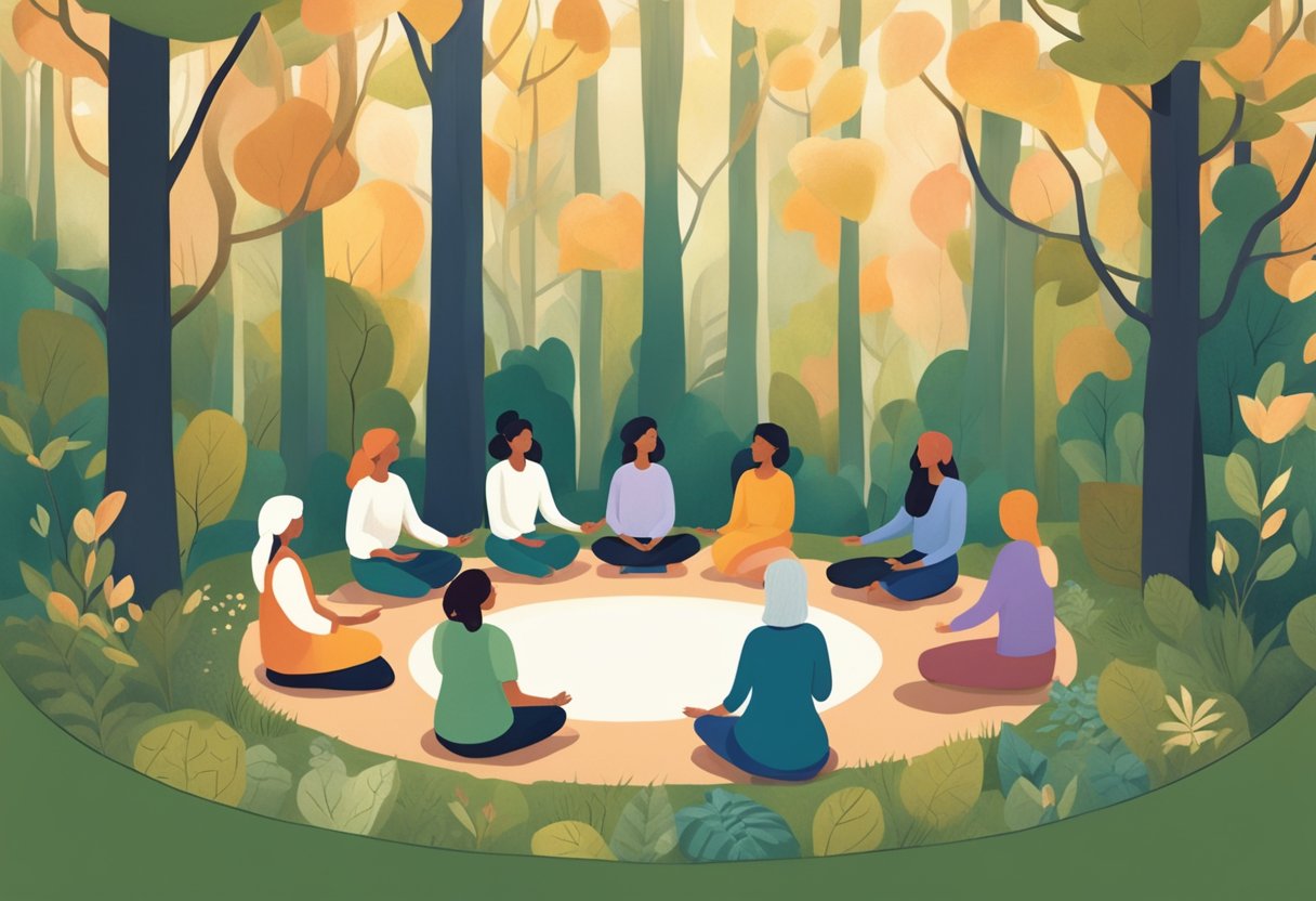 A serene forest clearing with a circle of women sitting in a circle, surrounded by nature and holding hands in a gesture of support and community