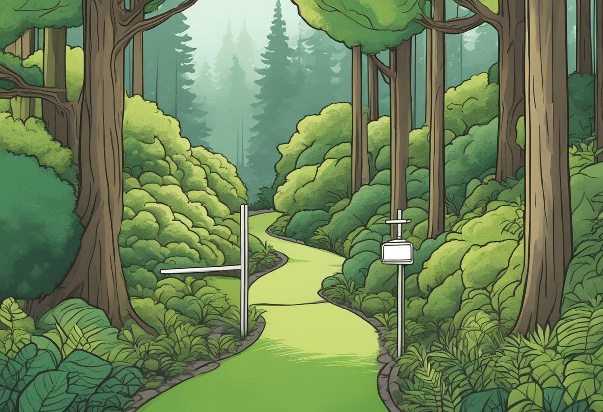 A serene forest pathway winding through lush green trees, with a signpost pointing to various career pathway doula training programs in Oregon