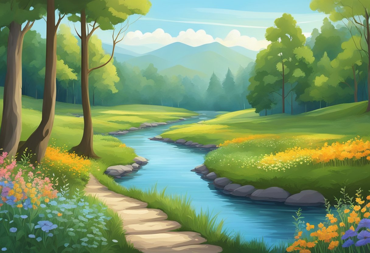 A serene forest setting with a winding path leading to a tranquil river, surrounded by lush greenery and vibrant wildflowers. A clear blue sky above