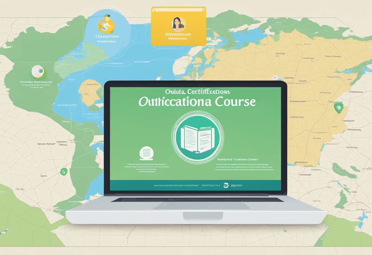 A computer screen displaying an online doula certification course with the state of Oregon outlined on a map in the background