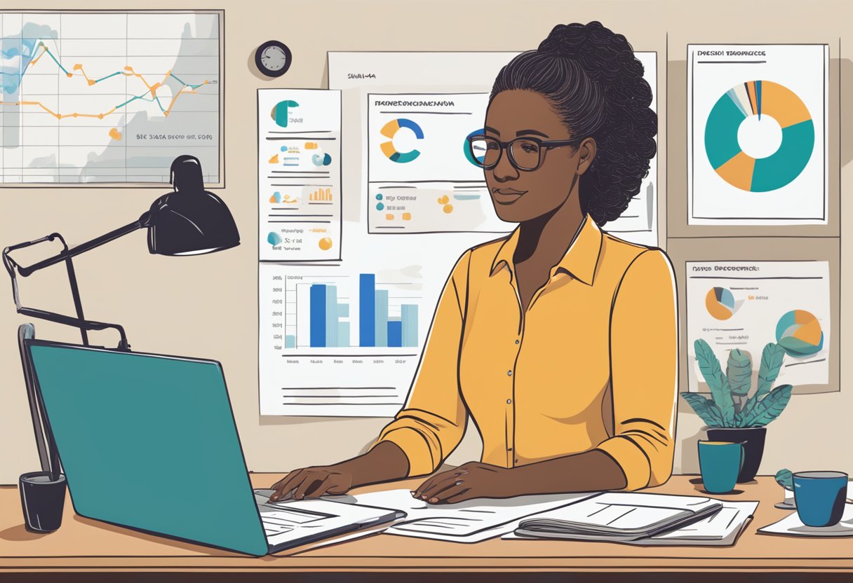 A doula sitting at a desk, surrounded by paperwork and a laptop. A chart showing salary breakdown and professional development resources on the wall