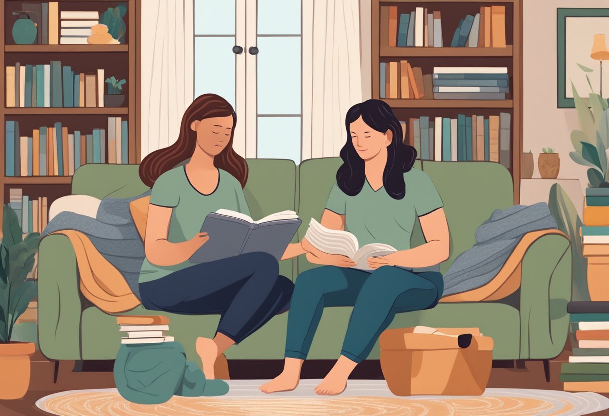 A doula and midwife sit in a cozy Oregon living room, surrounded by natural birthing books and resources. The doula offers emotional support, while the midwife provides medical expertise