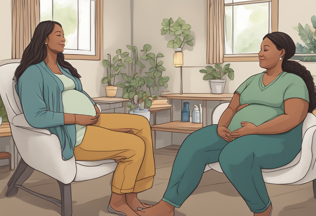 A doula and midwife sit together in a cozy Oregon birthing center, discussing their unique roles in supporting expectant mothers