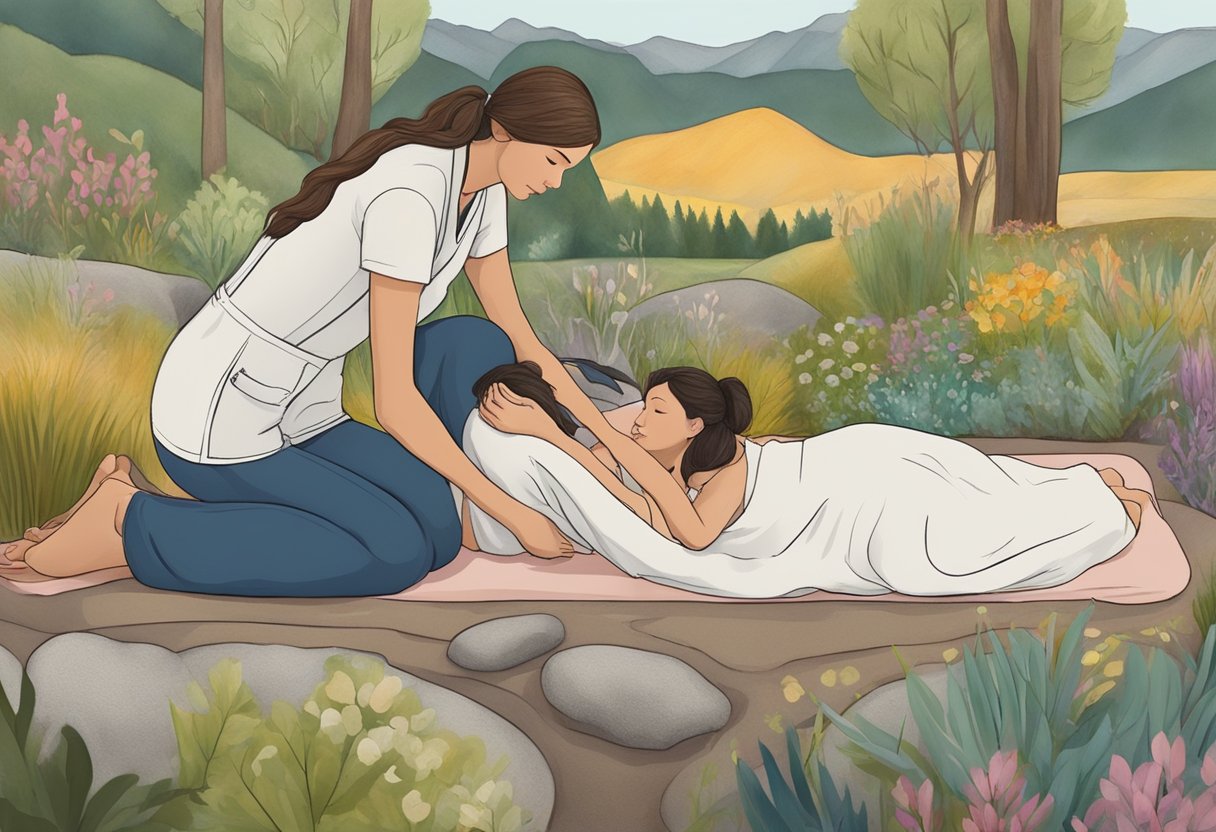 A doula and midwife in Oregon, one offering emotional support and the other providing medical care. Show them in a natural, tranquil setting, with the doula comforting and the midwife attending to a mother