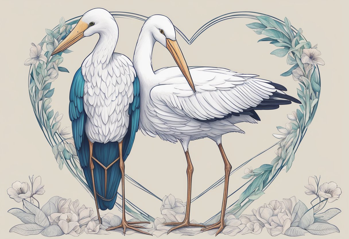 A doula and midwife in Oregon, symbolized by a heart and a stork, stand side by side with a clear distinction between them. The doula offers emotional support, while the midwife provides medical care