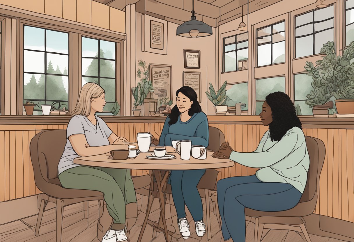 A doula and a midwife sitting at a table in a cozy Oregon coffee shop, discussing their different roles and responsibilities in the birthing process