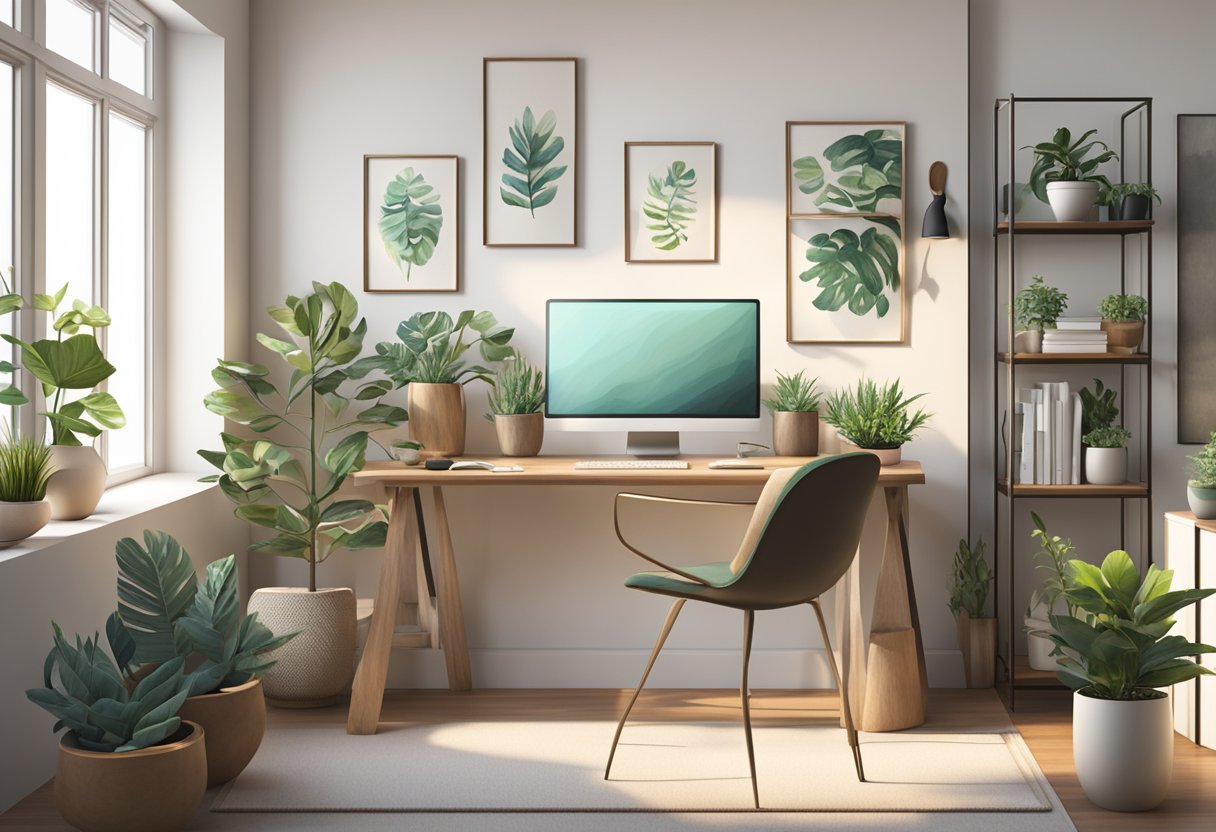 A serene, nature-inspired workspace with a desk, computer, and cozy seating area. Plants and calming decor create a welcoming atmosphere for clients