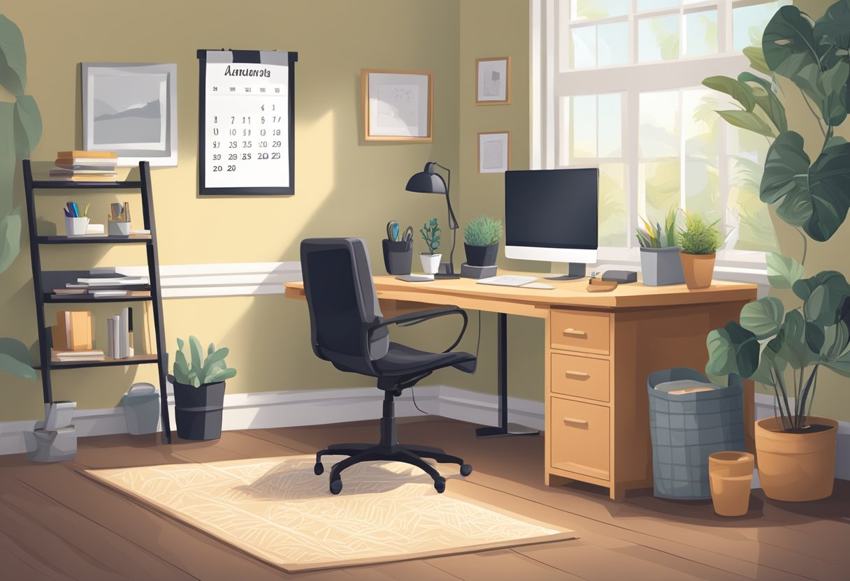 A peaceful, cozy home office with a desk, computer, and file organizer. A calendar hangs on the wall, and a comfortable chair sits in the corner