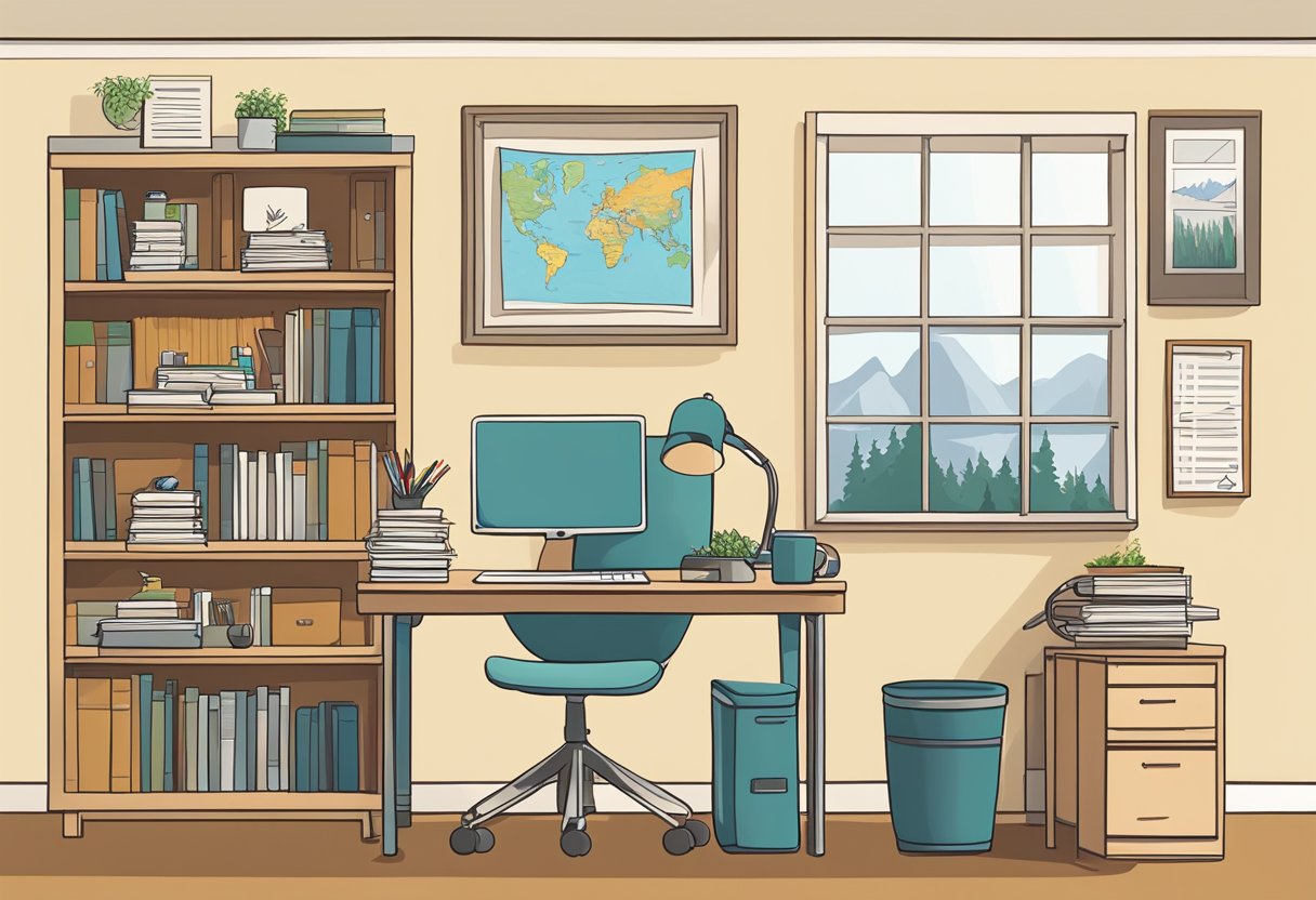 A cozy office with a desk, computer, and paperwork. A shelf holds books on doula practice. A map of Oregon hangs on the wall