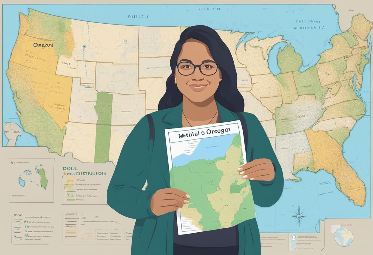 A doula holding a certification document while standing in front of a map of Oregon