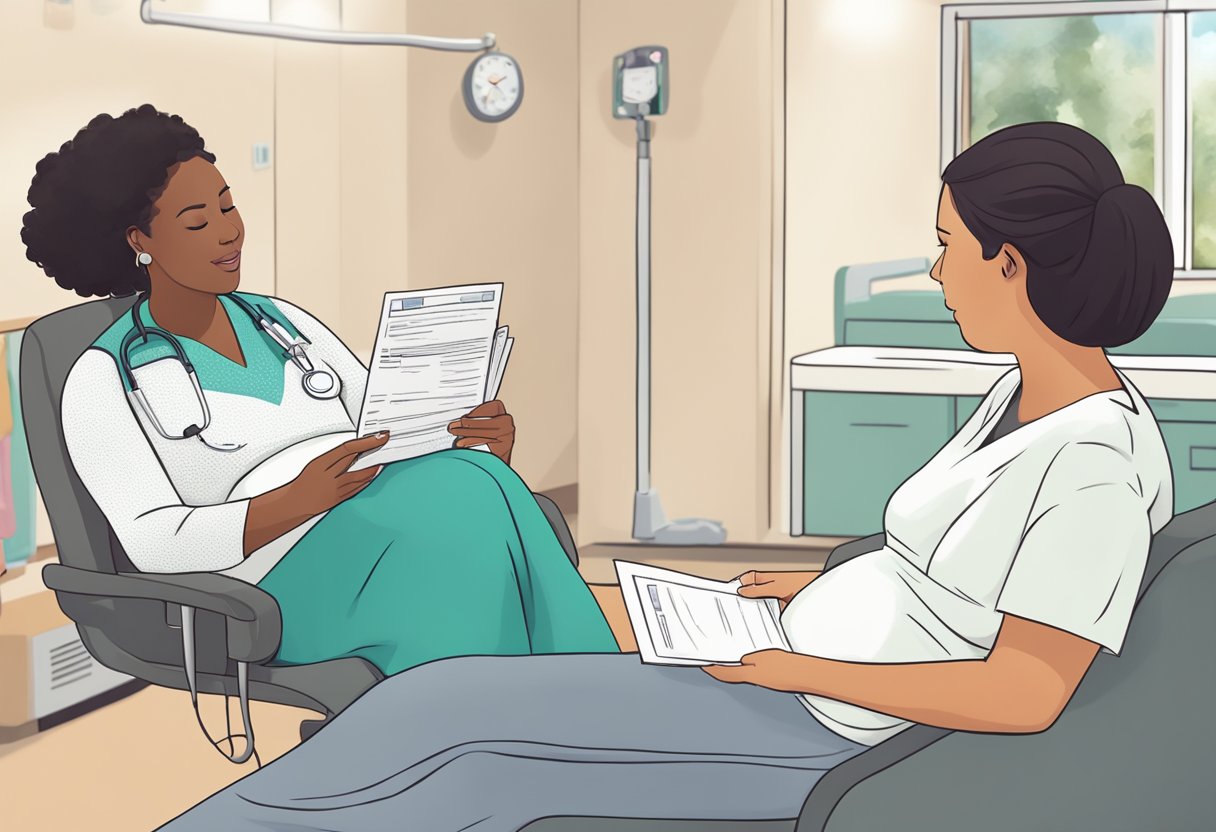 A doula holding a certification document while talking to a pregnant woman in a hospital room