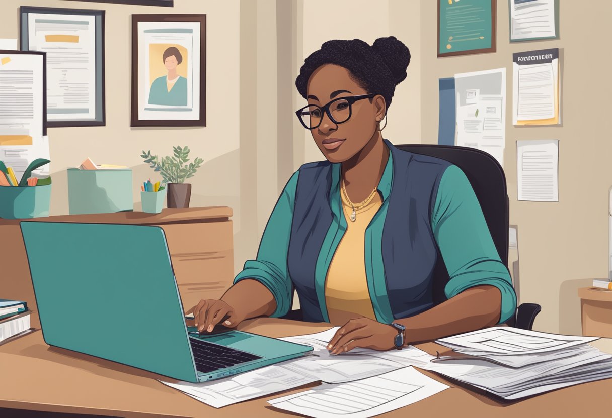 A doula sitting at a desk, surrounded by paperwork and a laptop. A certificate of certification is hanging on the wall behind them