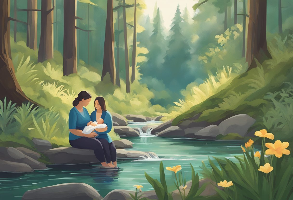 A postpartum doula and a birth doula stand in a peaceful Oregon forest, surrounded by lush greenery and a gentle stream. The postpartum doula holds a newborn baby while the birth doula offers support and guidance