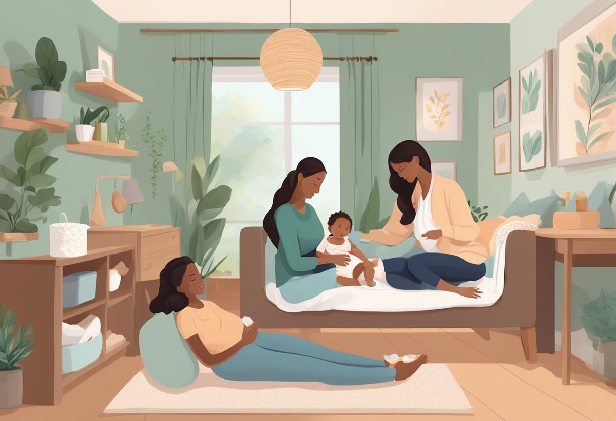 A serene birthing room with a mother surrounded by a supportive birth doula, while a postpartum doula tends to the mother's needs in a cozy home setting