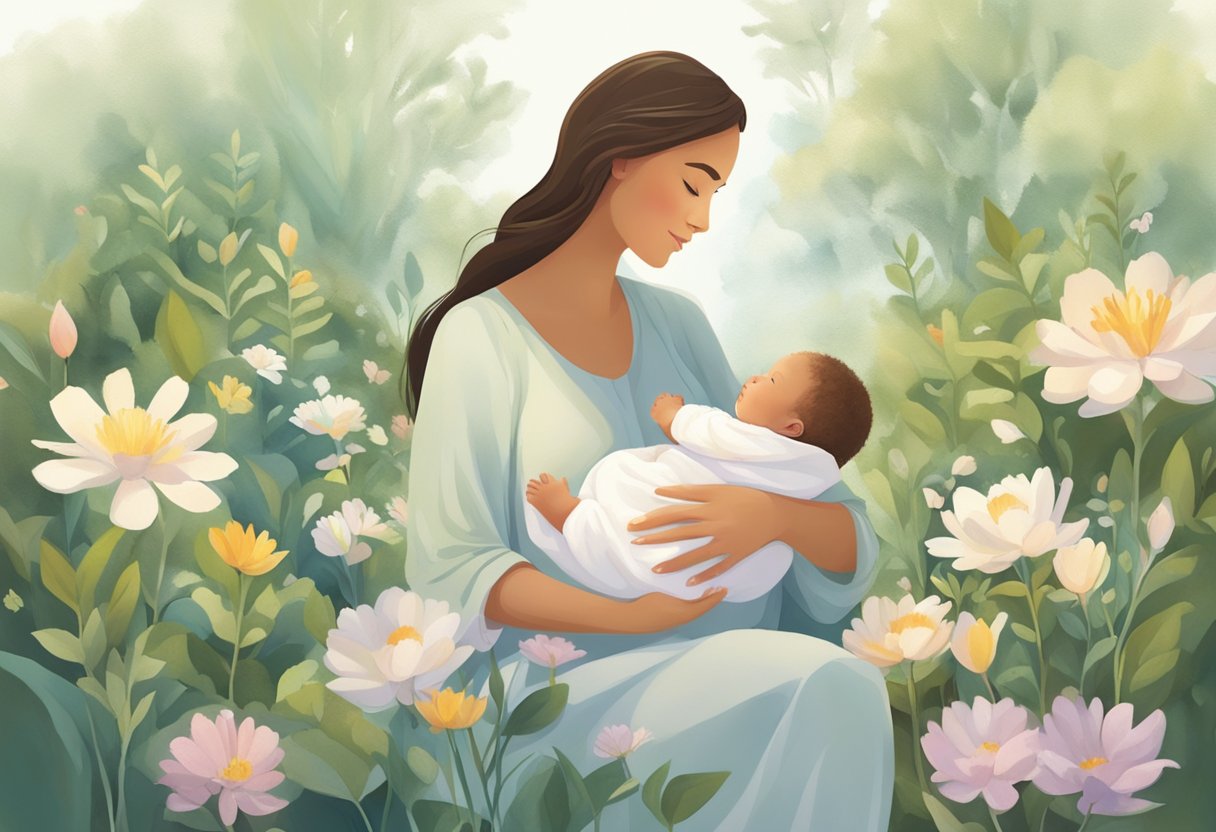 A serene, natural setting with a mother and baby, surrounded by supportive figures. The focus is on nurturing and guidance