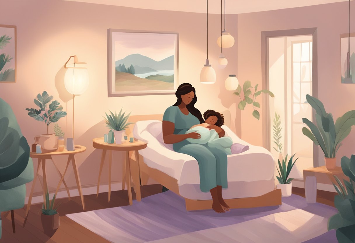 A serene birthing room with a mother in labor and a supportive doula by her side, surrounded by calming essential oils and soft lighting