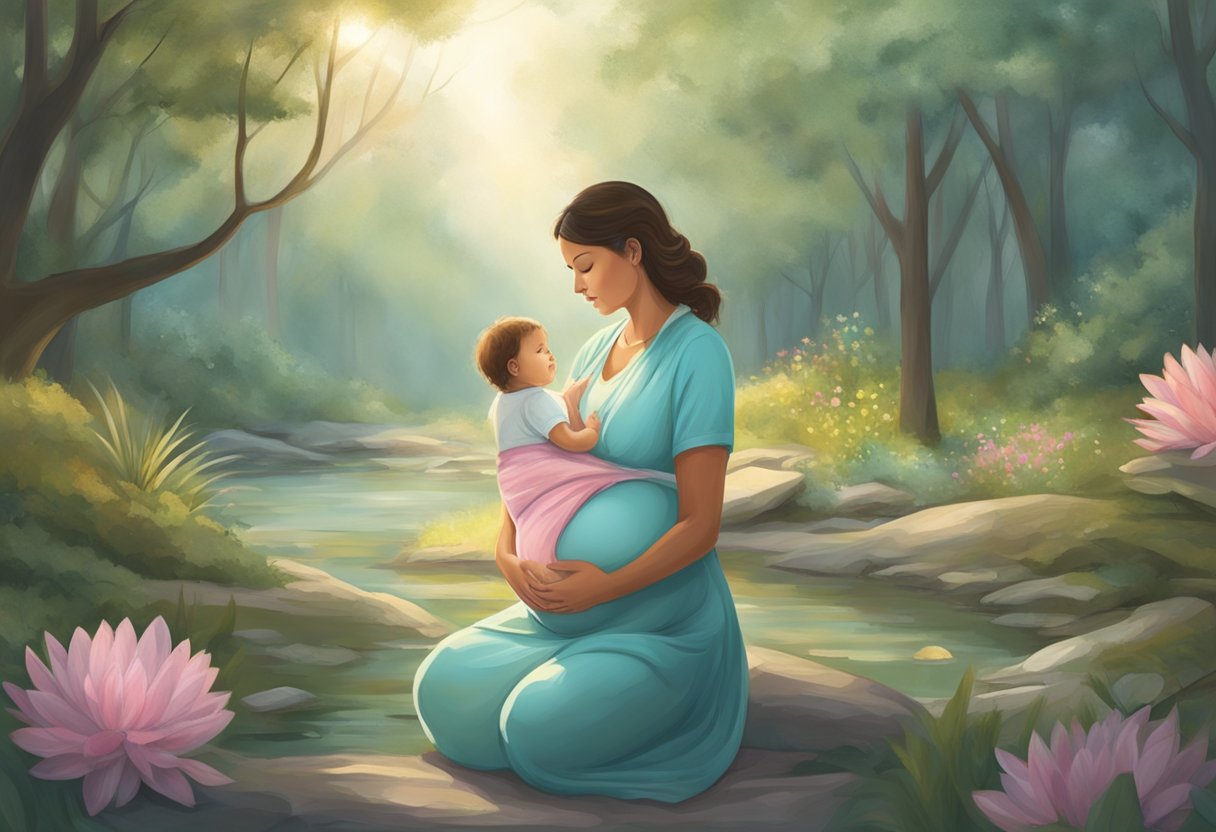 A serene, natural setting with a pregnant woman on one side and a new mother on the other, each being supported by a different doula