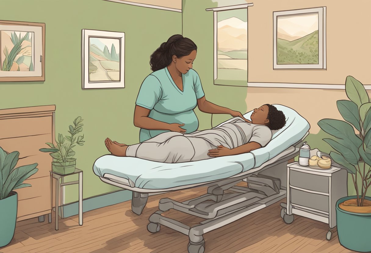 A doula calmly supports a laboring mother, offering comfort and guidance in a peaceful Oregon birthing room