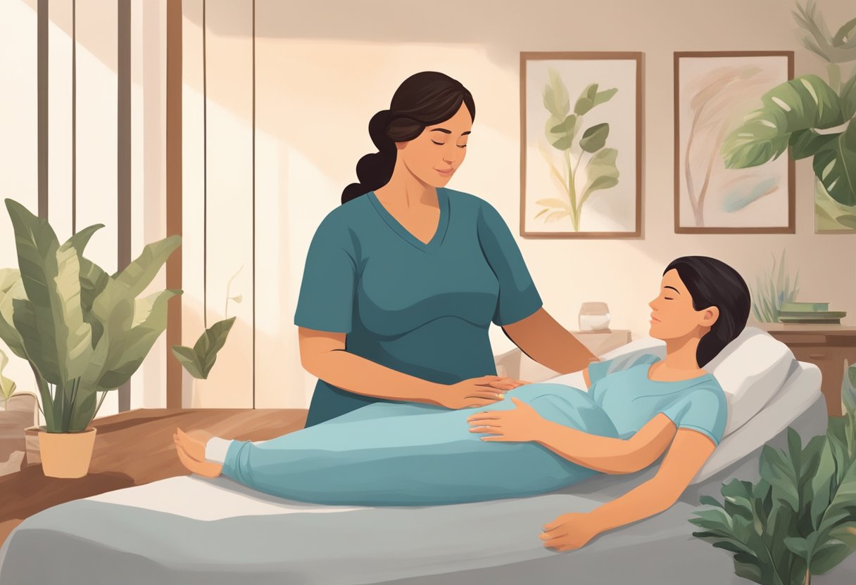 A doula calmly supports a laboring person, offering empathy and reassurance. They provide physical comfort and emotional guidance, creating a peaceful and nurturing environment