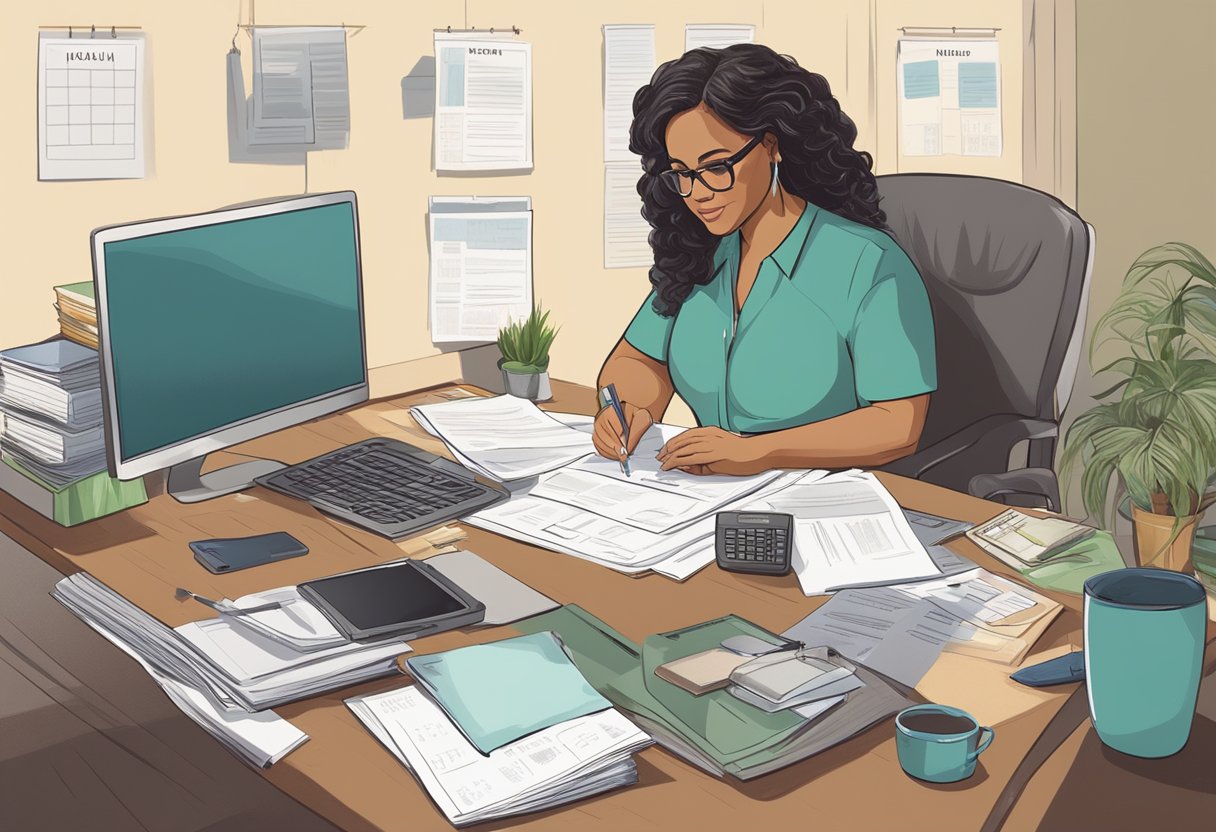 A doula sitting at a desk surrounded by legal documents and a computer, with a phone and a calendar on the desk