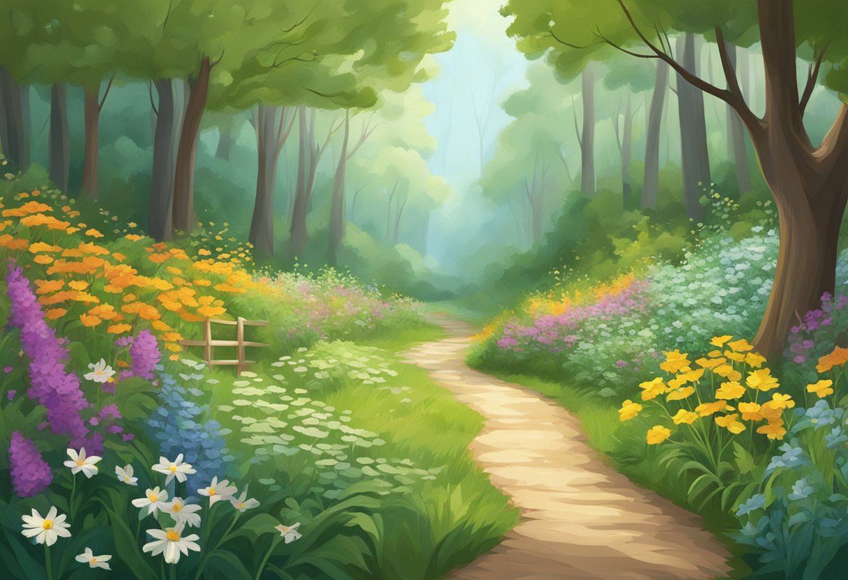 A serene forest with a winding path leading to a peaceful clearing, surrounded by lush greenery and blooming wildflowers