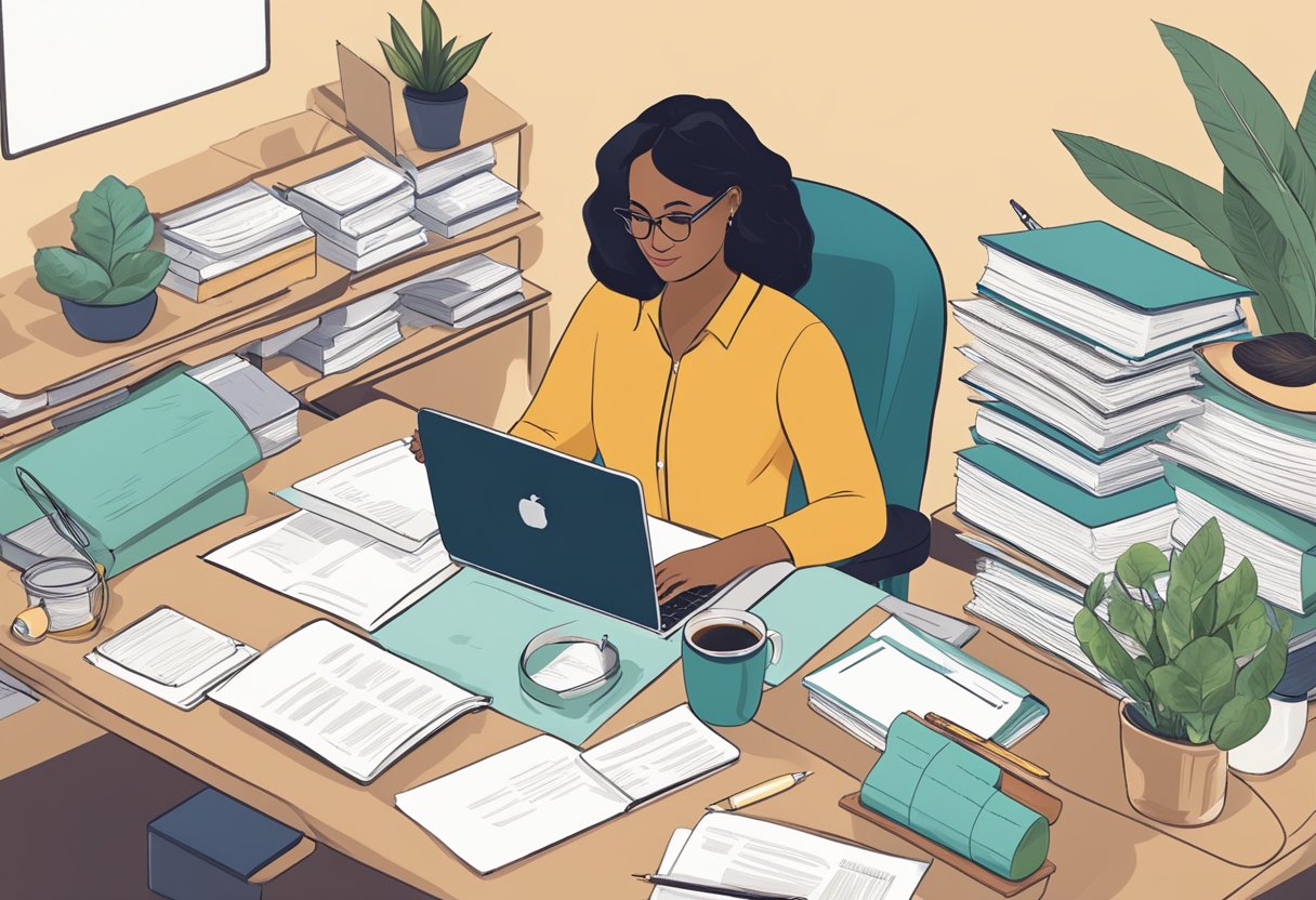 A doula sitting at a desk, surrounded by legal documents and a laptop, researching Oregon's legal requirements for essential training programs