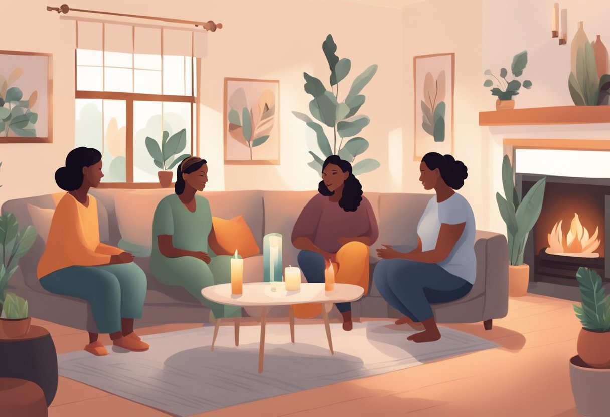 A doula meeting with expectant parents in a cozy living room, surrounded by calming candles and soft music