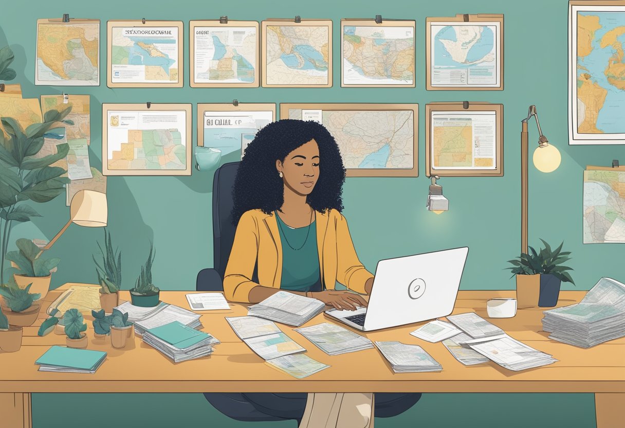 A doula sits at a desk, surrounded by pamphlets and business cards. A map of Oregon hangs on the wall behind her, as she researches potential clients on her laptop