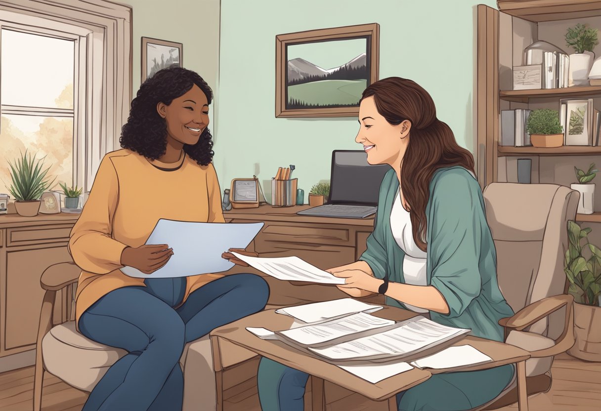 A doula holding a certificate and talking to a pregnant client in a cozy Oregon home office