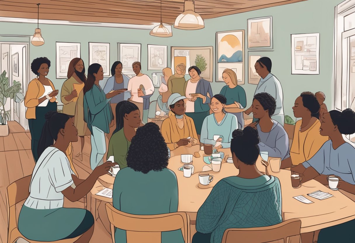 A doula hosting a networking event in a cozy Oregon cafe, surrounded by a diverse group of parents and professionals, exchanging business cards and sharing experiences