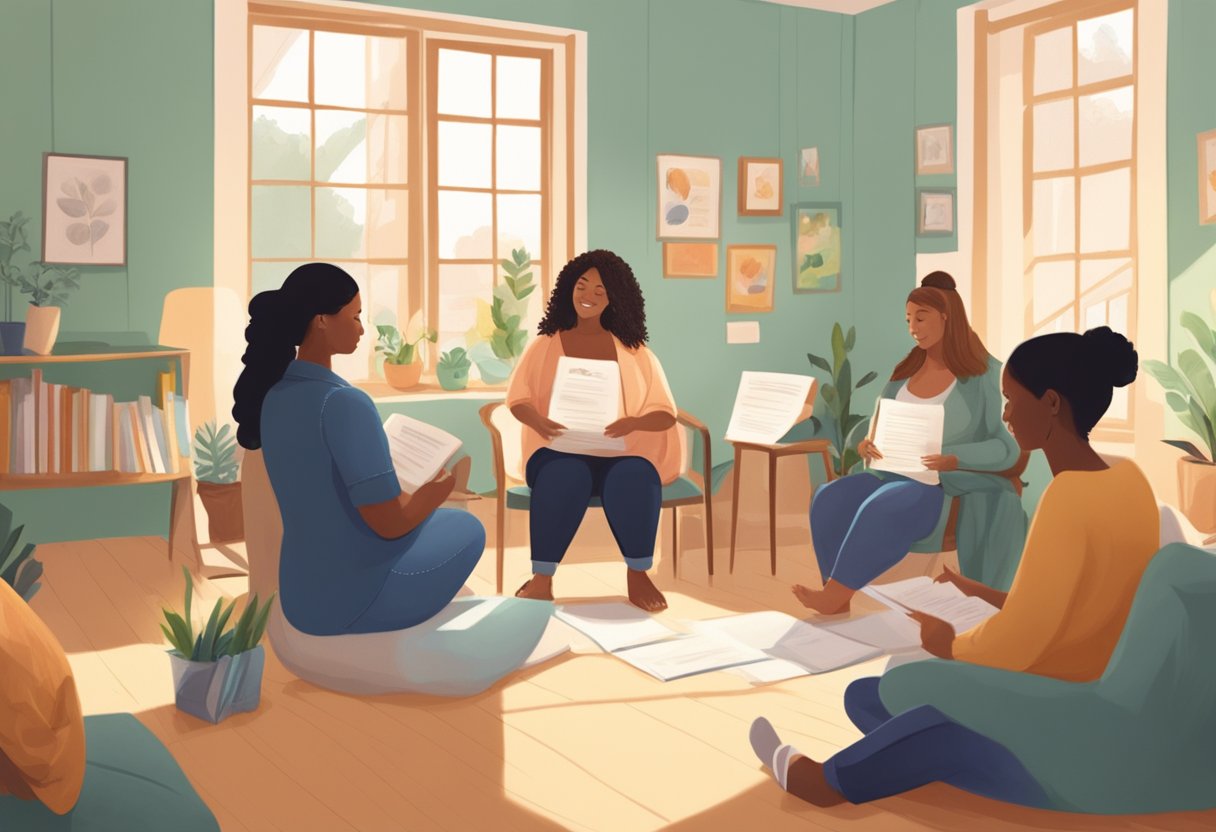 A pregnant person receiving a scholarship certificate in a cozy, sunlit room with supportive doula mentors