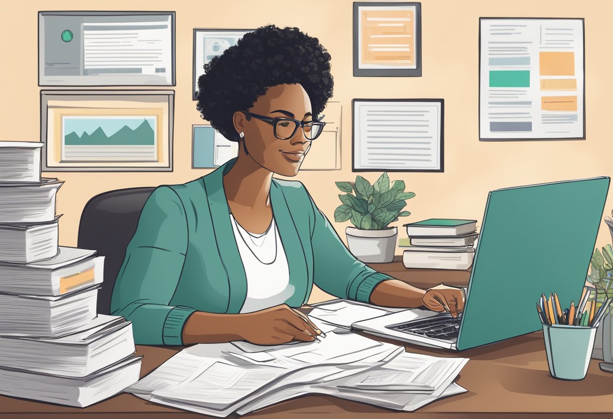 A doula sitting at a desk, surrounded by paperwork and a computer, researching doula roles, certifications, and financial aid options in Oregon