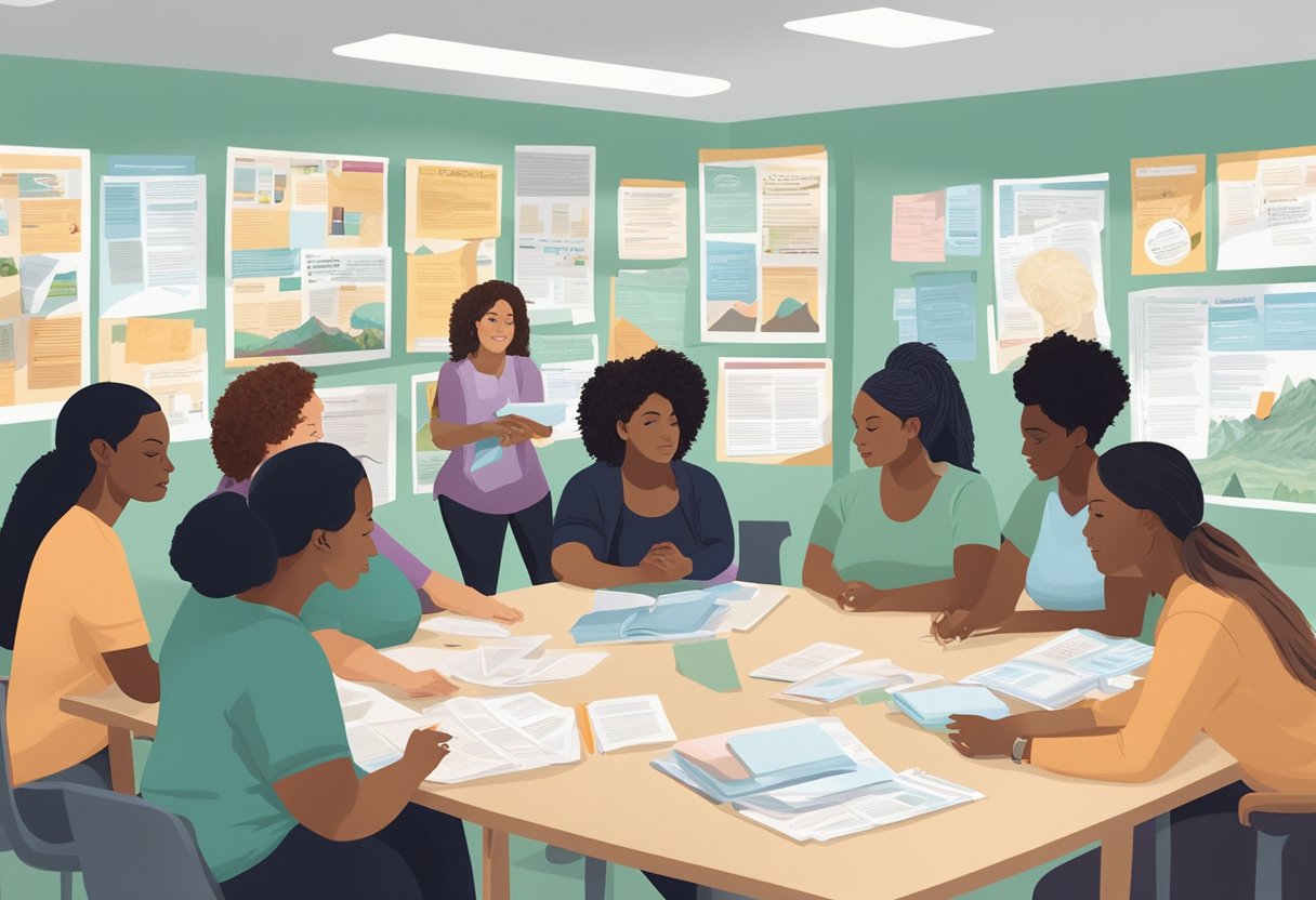 A group of doulas in training gather in a classroom, surrounded by informational posters and pamphlets about doula scholarships and financial aid in Oregon