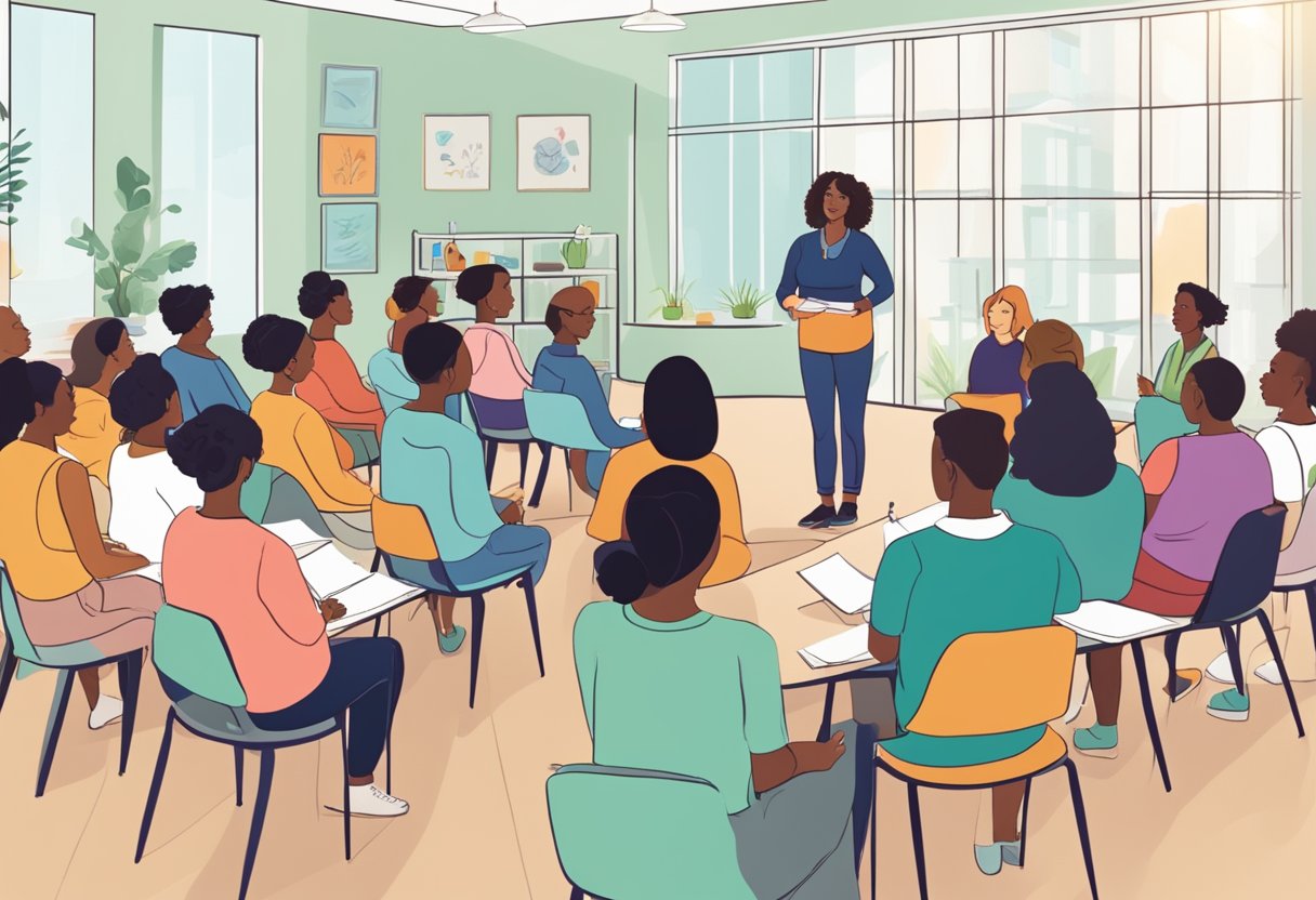 A bright, welcoming classroom filled with diverse students eagerly participating in discussions and workshops on doula training and career advancement