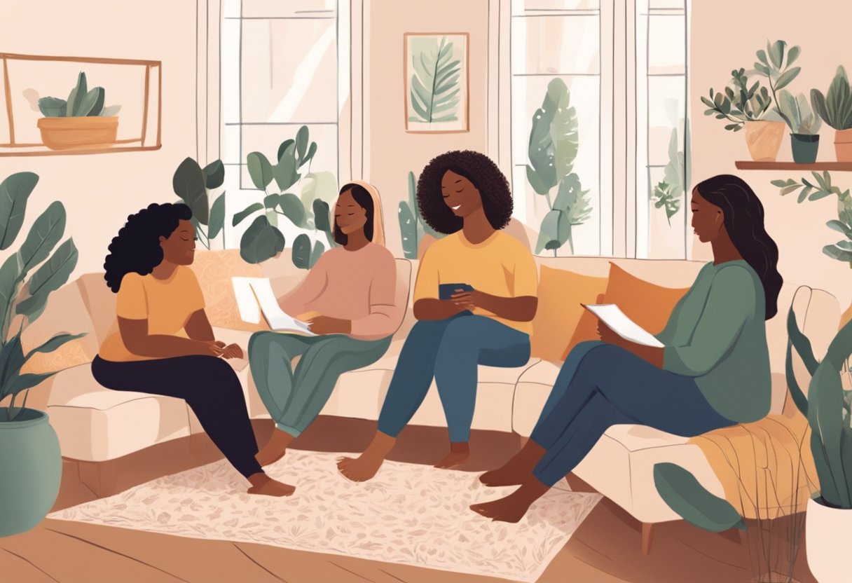 A group of doulas gather in a cozy room, chatting and sharing resources. A warm, supportive atmosphere is evident as they connect and build community