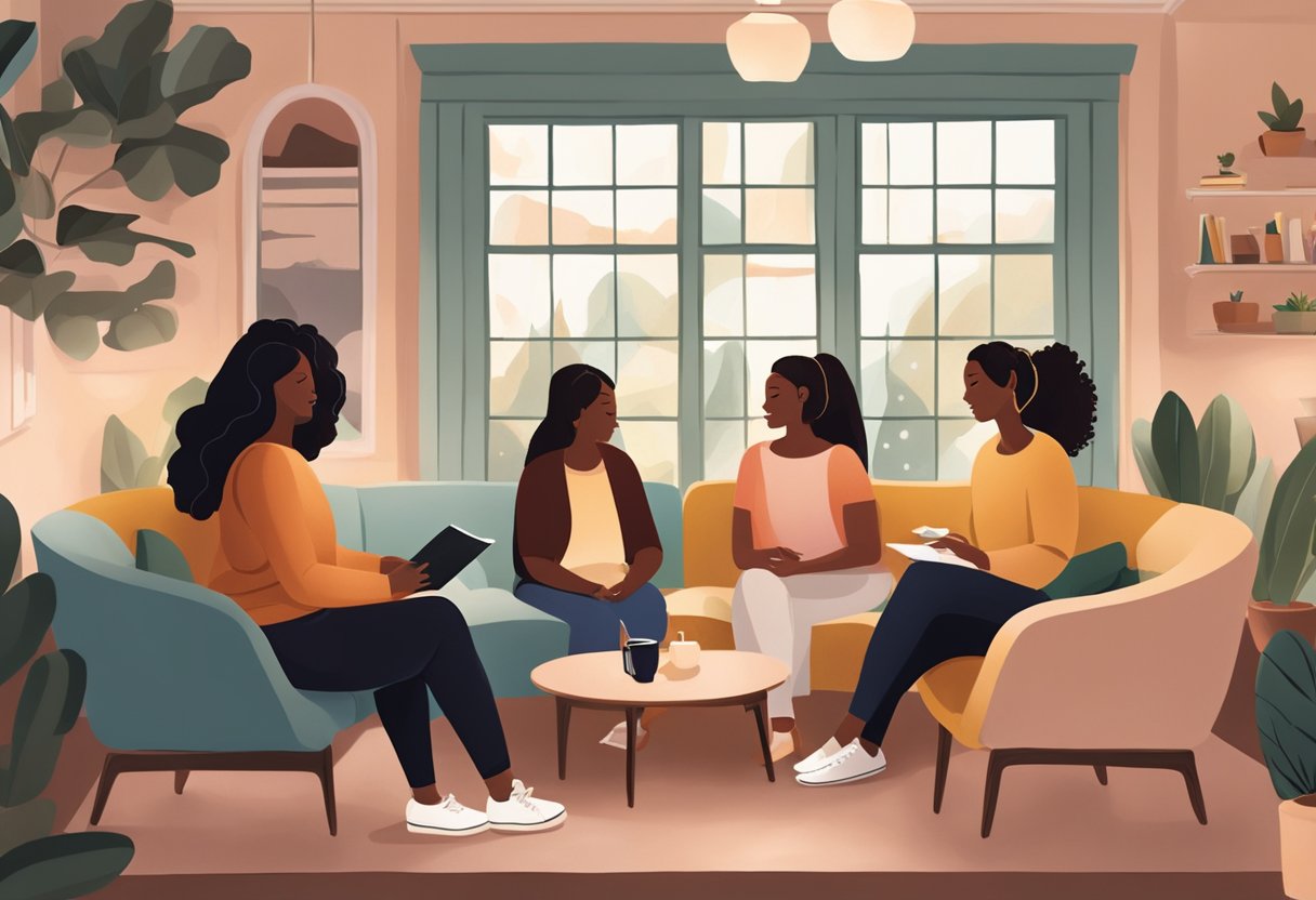 A group of doulas gather in a cozy coffee shop, sharing experiences and resources while surrounded by warm lighting and comfortable seating