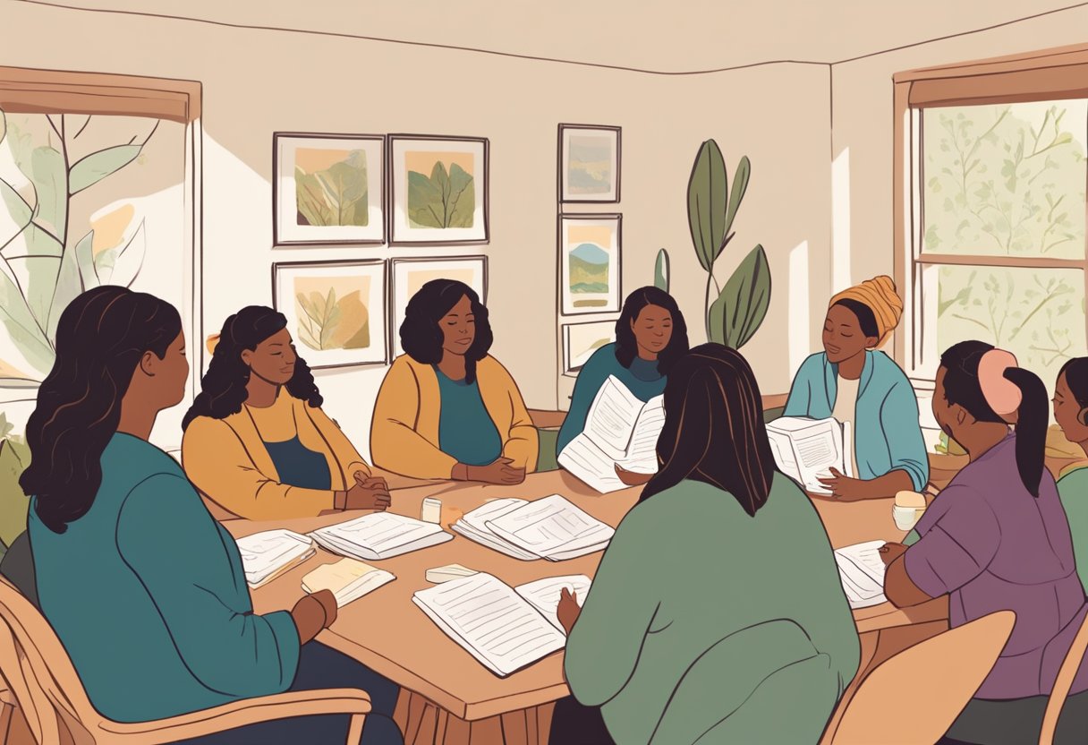 A group of doulas gather in a cozy, sunlit room, exchanging support and networking in Oregon. Tables are filled with pamphlets and resources for new and expecting parents