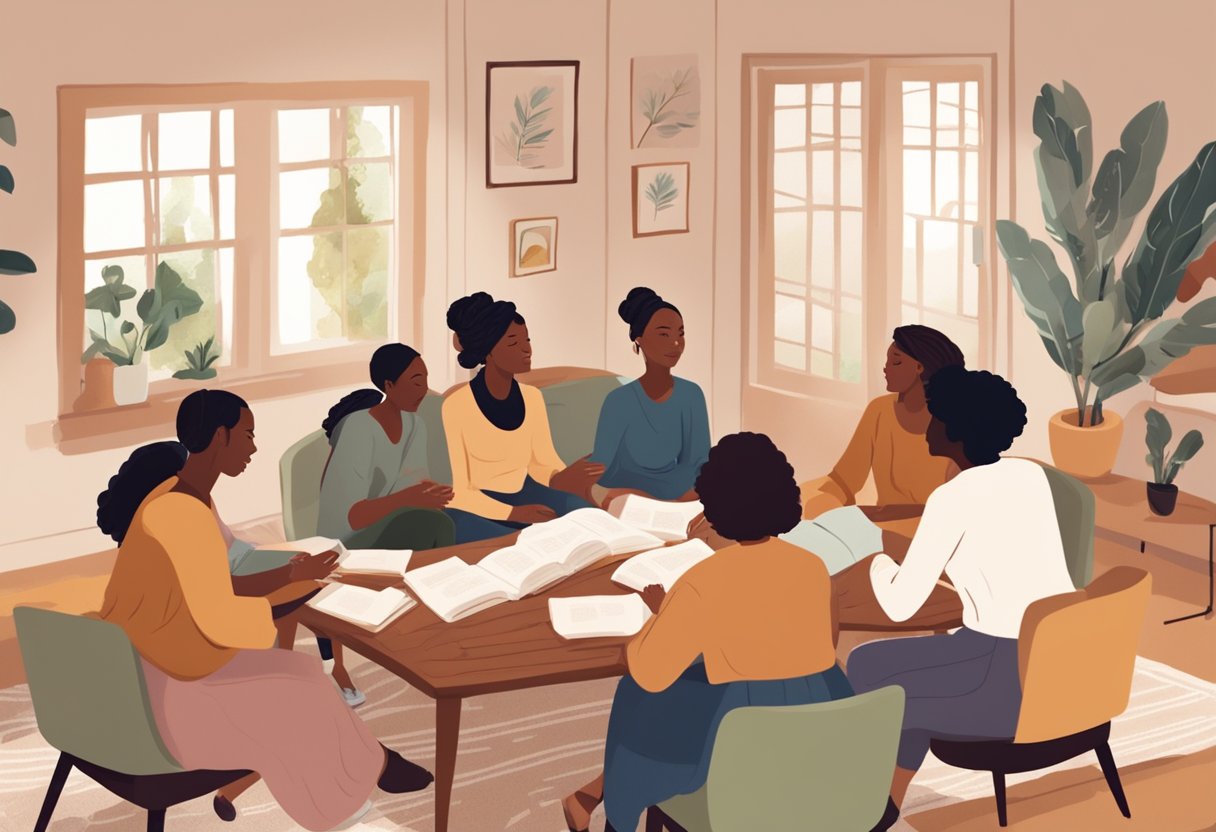 A group of doulas gather in a cozy room, exchanging knowledge and support. Educational materials and resources are spread out on the table