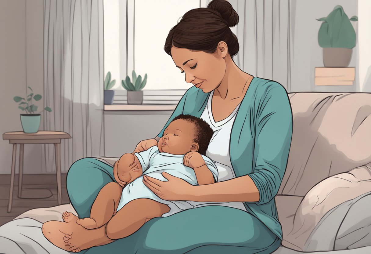 A postpartum doula sitting with a new mother, offering emotional support and guidance while the mother cares for her newborn