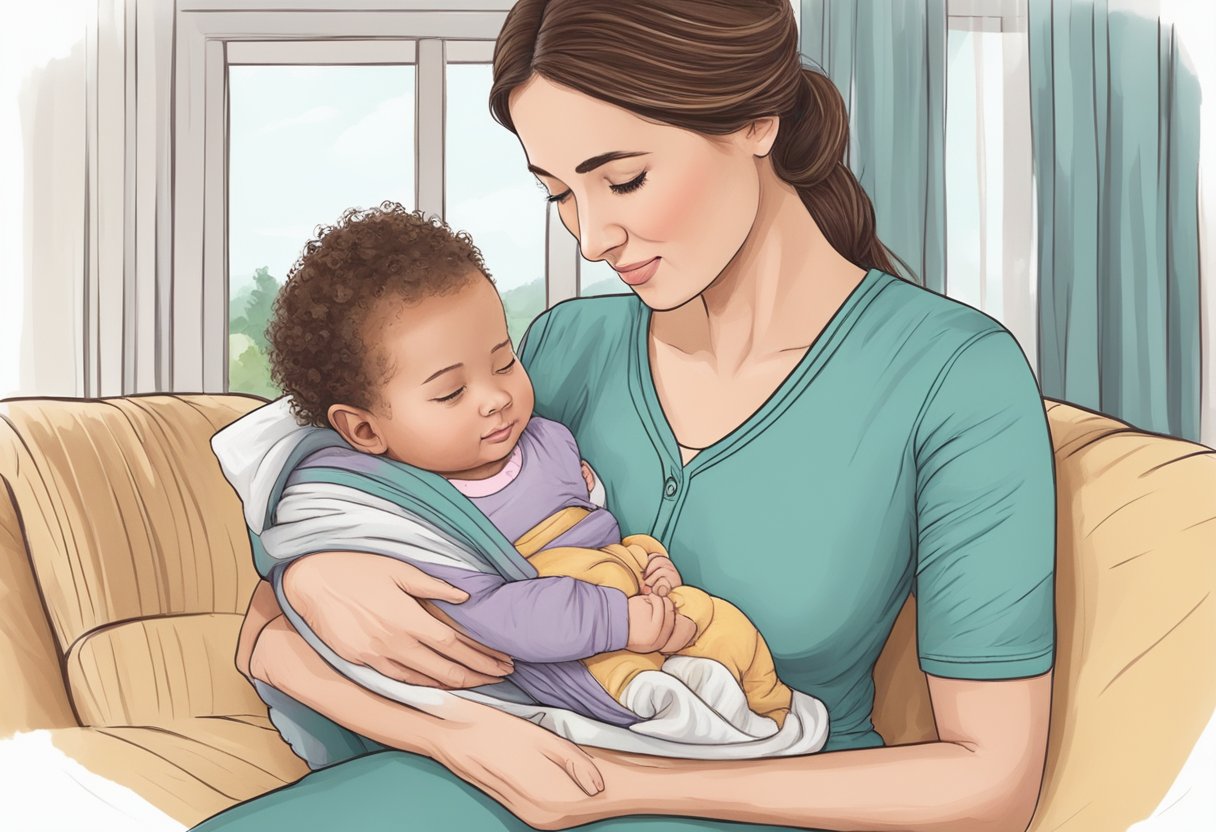 A postpartum doula providing emotional and practical support to a new mother in her home, assisting with breastfeeding, newborn care, and household tasks