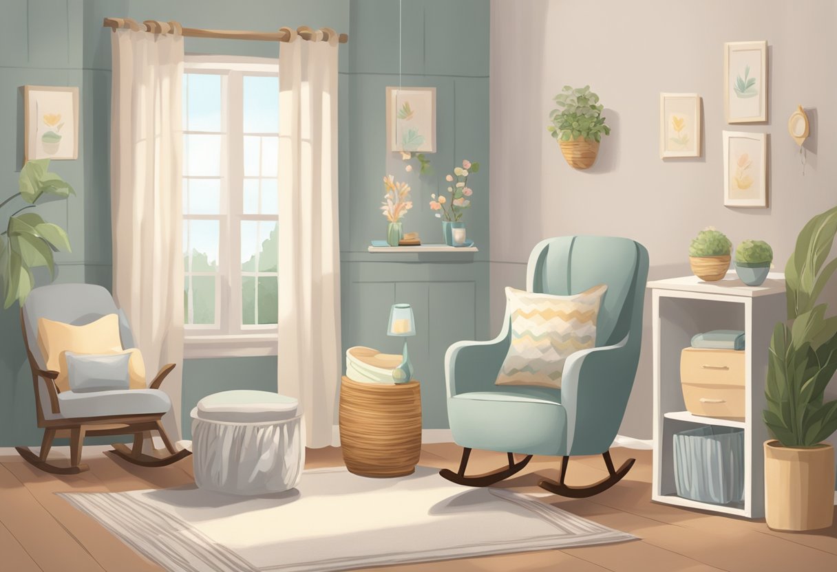 A cozy living room with a rocking chair, baby bassinet, and breastfeeding pillow. Soft lighting and calming colors create a peaceful atmosphere for a new mother and her newborn