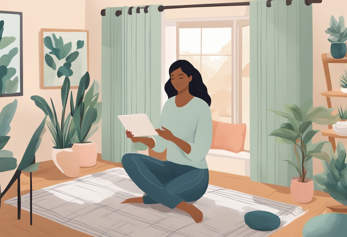 A serene virtual doula providing support via video call to a client in Oregon, surrounded by calming decor and essential oils