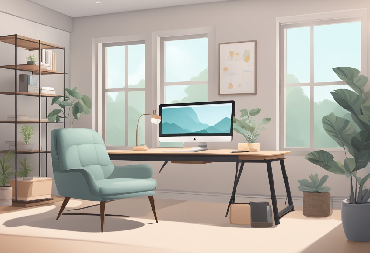 A serene, modern office space with a computer, phone, and comfortable seating. A calming color palette and soft lighting create a welcoming atmosphere for virtual doula services