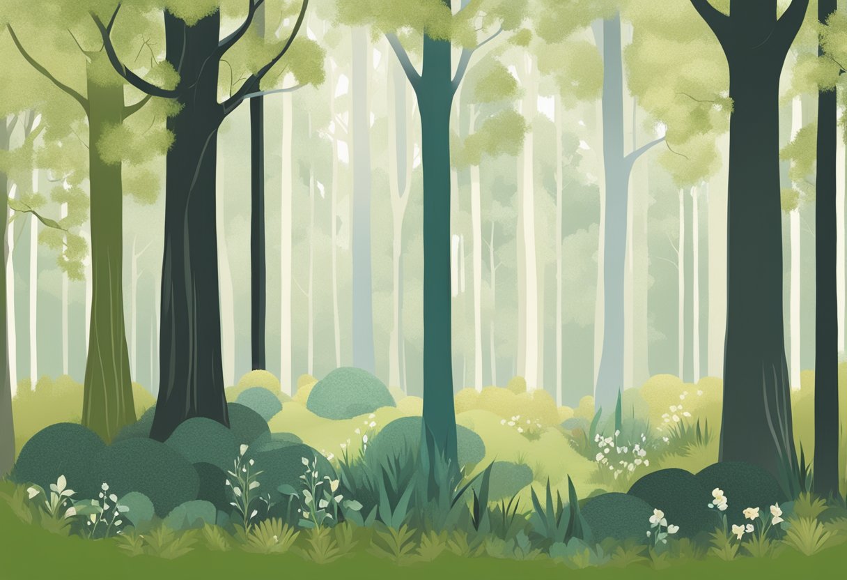 A serene forest clearing with three distinct symbols representing fertility, loss, and siblinghood