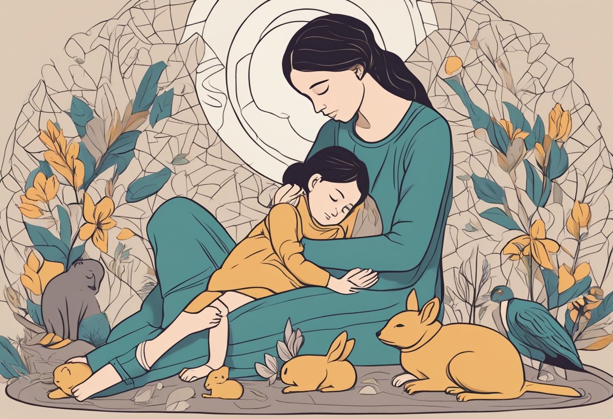 A doula comforting a grieving family, surrounded by symbols of fertility and siblings