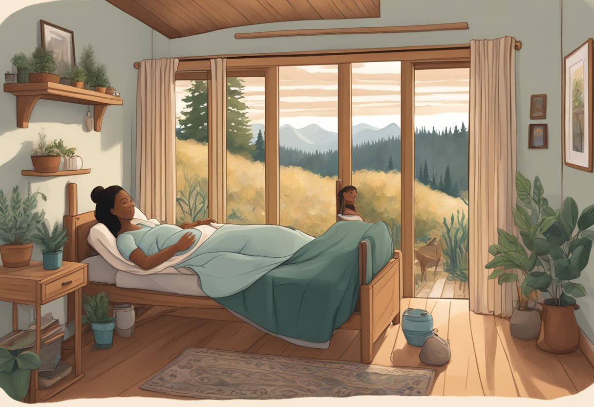 A peaceful, nature-filled scene in Oregon with a doula providing support to a pregnant person in a cozy home setting