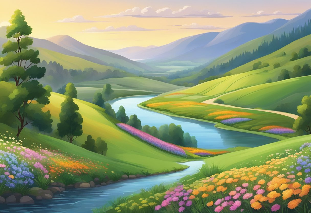 A serene landscape with rolling hills and a winding river, dotted with colorful wildflowers and surrounded by lush green trees