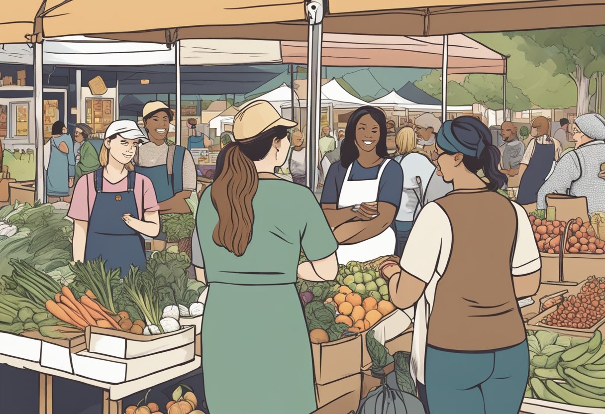 A group of doulas gather at a local farmers market, engaging with potential clients and handing out informational pamphlets. The vibrant, bustling atmosphere reflects the community-oriented approach to marketing