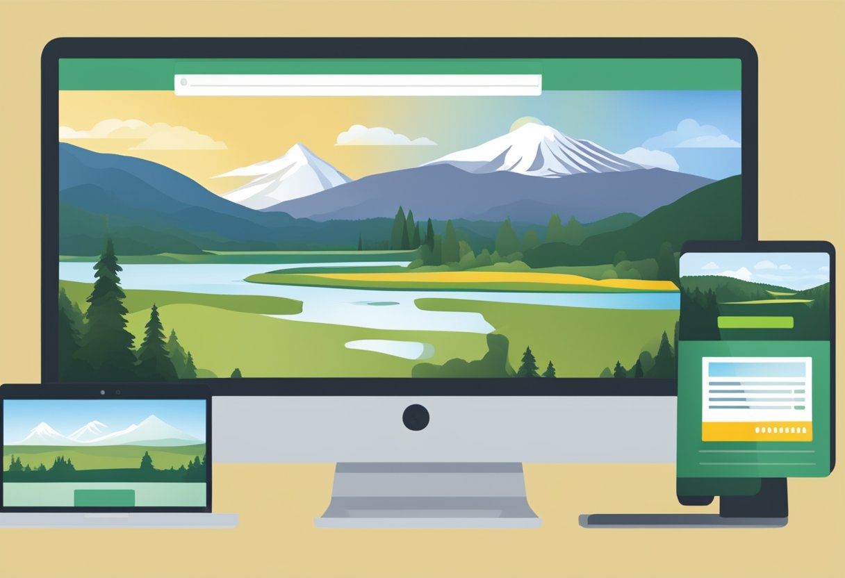 A computer screen displaying a website homepage with tabs for essential pages and SEO tips, set against a backdrop of Oregon's natural scenery